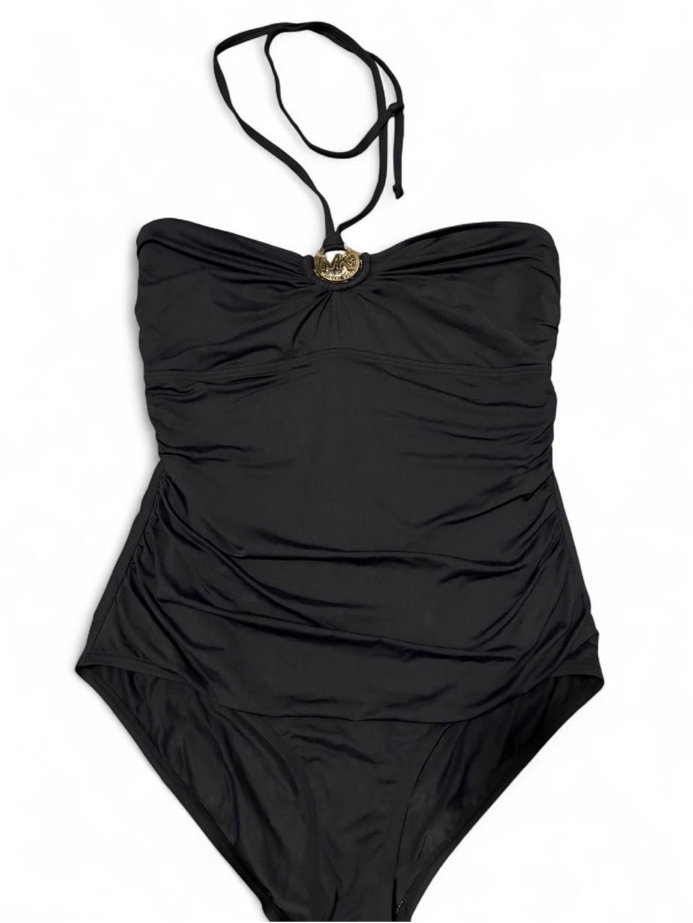 Michael Kors Black One Piece Swimsuit Size 12 Halter Neck Ruched Gold Hardware